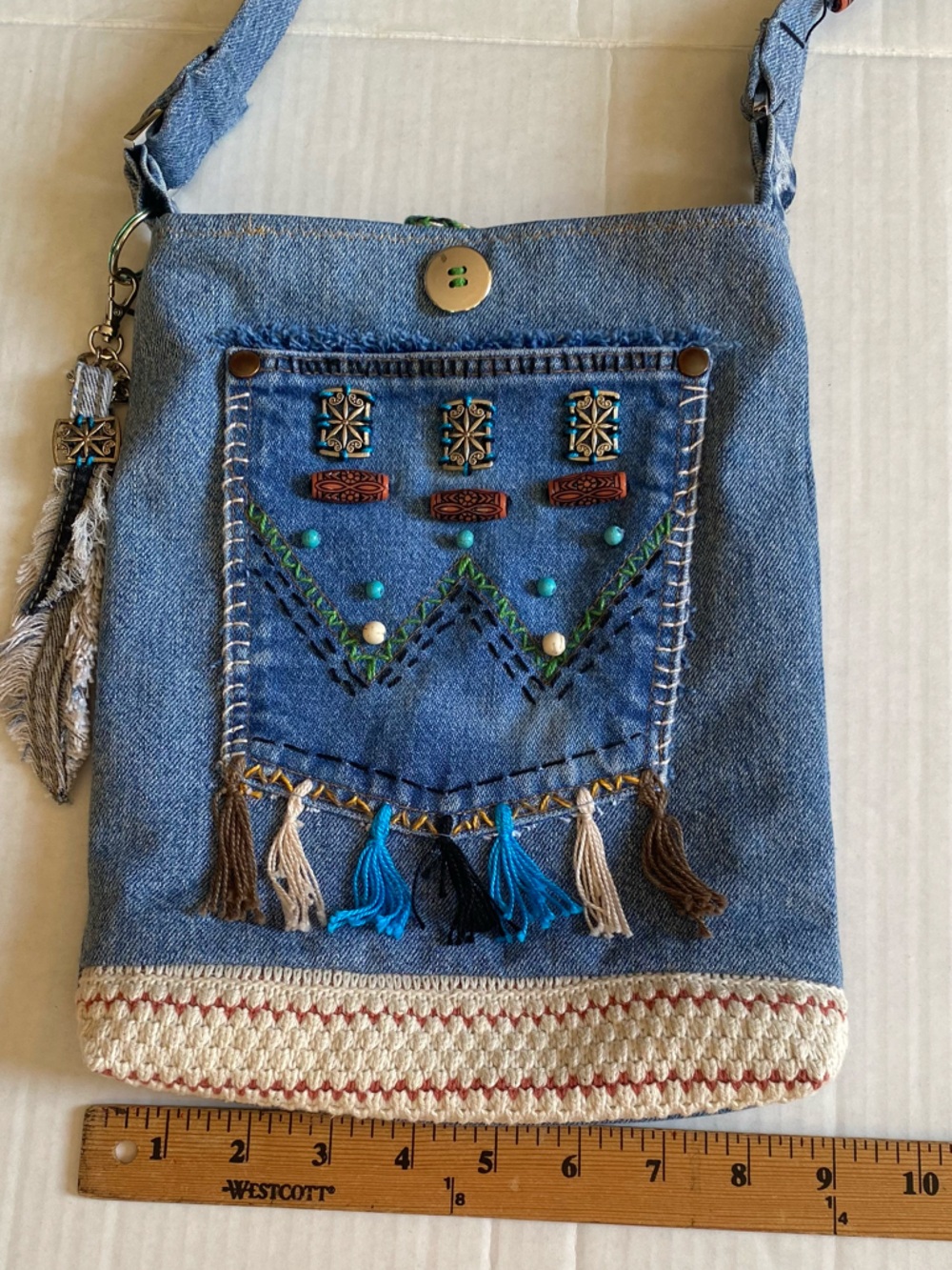 Upcycled Boho Denim Tassel Crossbody Bag with Beads and Embroidery - Picture 11 of 13